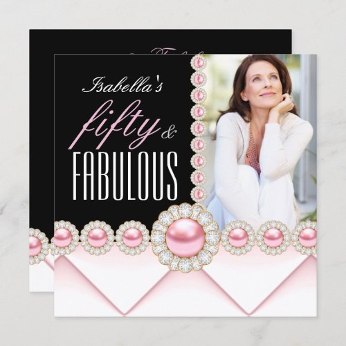 Fabulous 50 Pink Pearl Photo Elegant Birthday Invitation