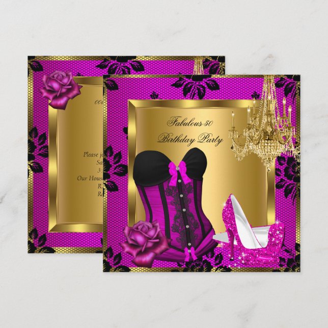 Fabulous 50 Pink plum Heels Chandelier Lace Corset Invitation (Front/Back)