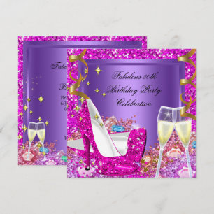 Fabulous 50 Pink Purple Glitter Heels Birthday Invitation
