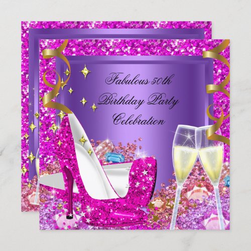 Fabulous 50 Pink Purple Glitter Heels Birthday Invitation