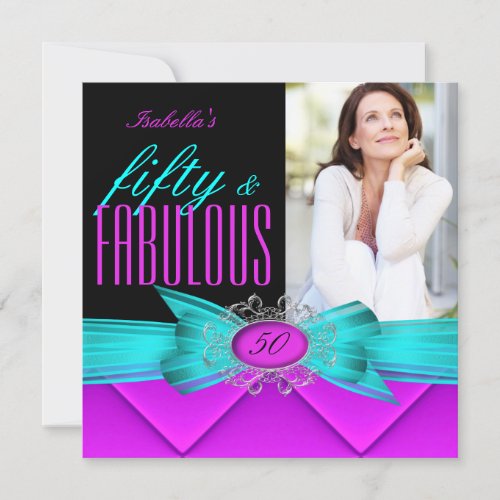 Fabulous 50 Pink Teal Black Photo Birthday Party Invitation