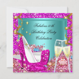 Fabulous 50 Pink Teal Glitter High Heel Birthday 2 Invitation