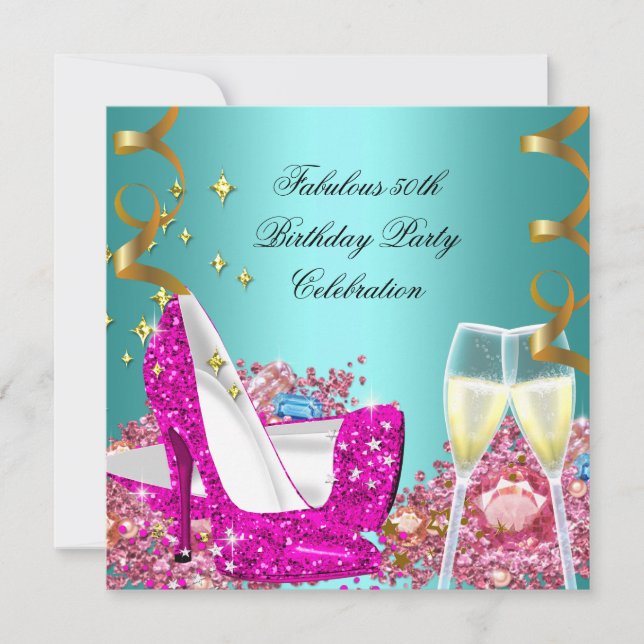 Fabulous 50 Pink Teal Glitter High Heel Birthday 3 Invitation (Front)