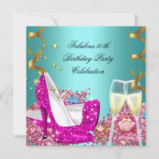 Fabulous 50 Pink Teal Glitter High Heel Birthday 3 Invitation