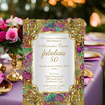 Fabulous 50 Pink Teal Golden Pearl Birthday Party  Invitation by Zizzago at Zazzle