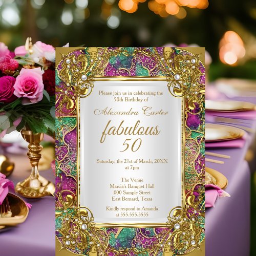 Fabulous 50 Pink teal Golden Pearl birthday party  Invitation