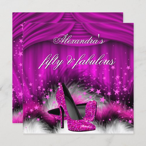 Fabulous 50 Plum Pink High Heels Feathers Birthday Invitation