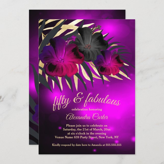 Fabulous 50 Plum Purple Gold Black Hibiscus party Invitation (Front/Back)