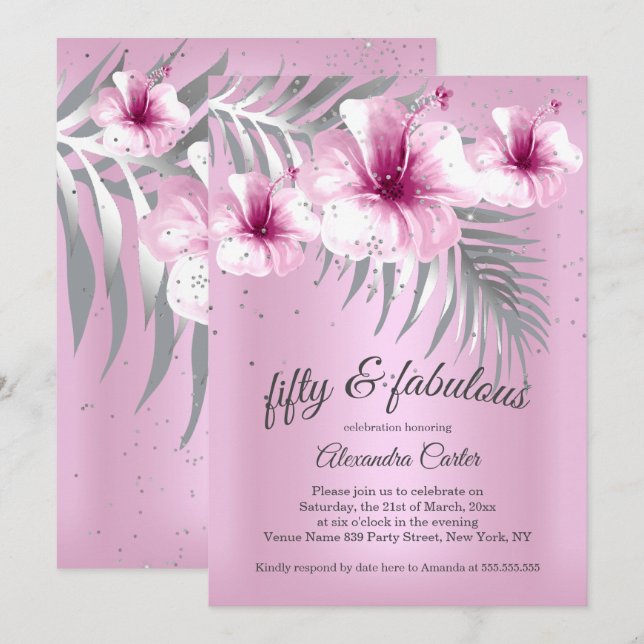 Fabulous 50 Pretty Pink Silver Hibiscus party Invitation (Front/Back)