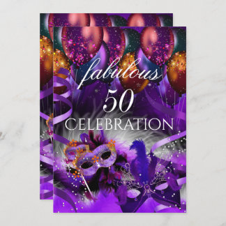Fabulous 50 Purple Balloons Mask Masquerade Party Invitation