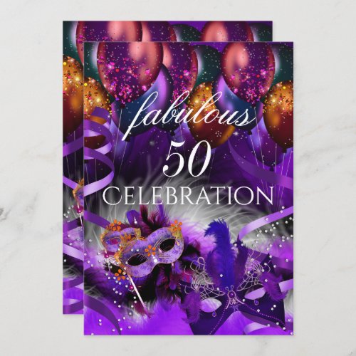 Fabulous 50 Purple Balloons Mask Masquerade Party Invitation