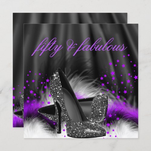 Fabulous 50 Purple Black High Heels Birthday Party Invitation