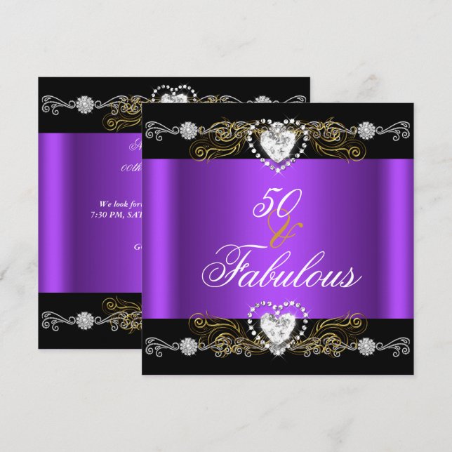 Fabulous 50 Purple Black Silver Gold 50th Birthday Invitation (Front/Back)