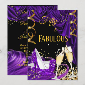 Fabulous 50 Purple Champagne Heels Birthday Party Invitation