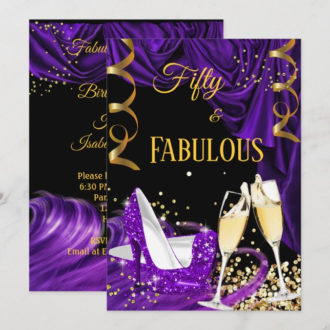 Fabulous 50 Purple Champagne Heels Birthday Party Invitation (Front/Back)