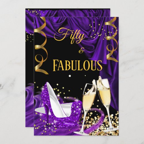 Fabulous 50 Purple Champagne Heels Birthday Party Invitation