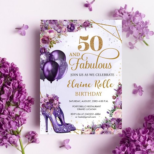 Fabulous 50 Purple Girl Modern 50th Birthday Invitation