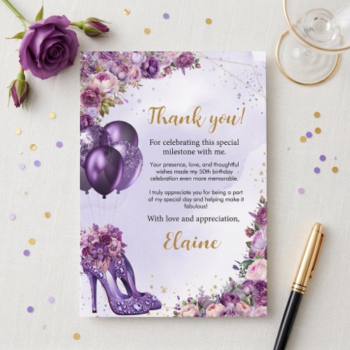 Fabulous 50 Purple Girl Modern Thank You Card