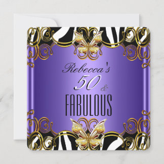 Fabulous 50 Purple Gold Black White Zebra Invitation