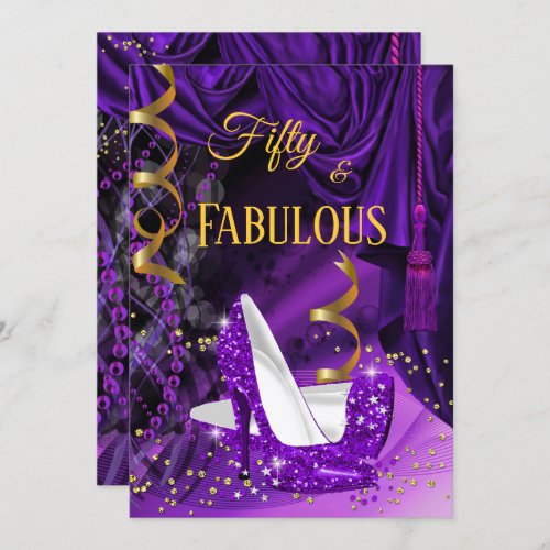 Fabulous 50 Purple Gold Heels Birthday Party Invitation