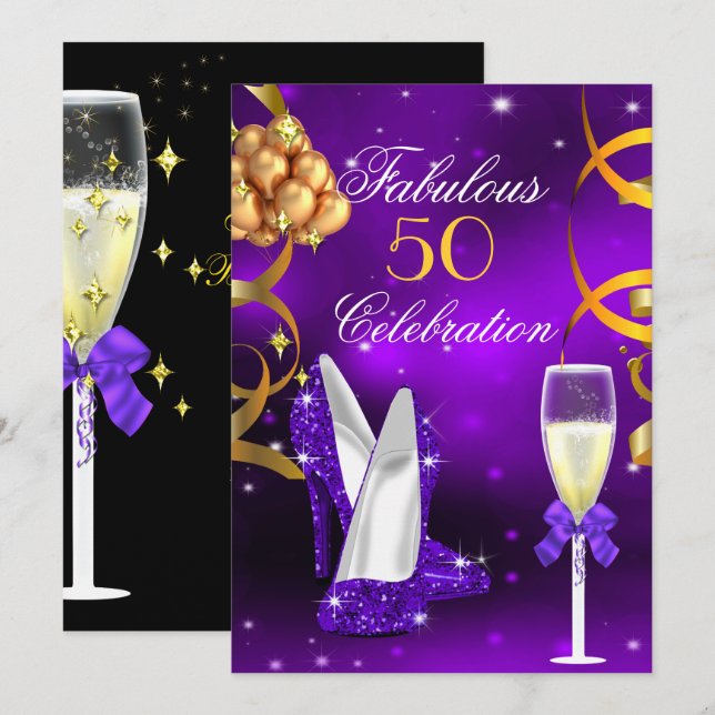 Fabulous 50 Purple Gold Heels Champagne Party Invitation (Front/Back)
