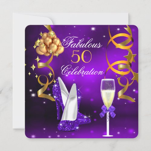 Fabulous 50 Purple Gold Heels Champagne Party Invitation