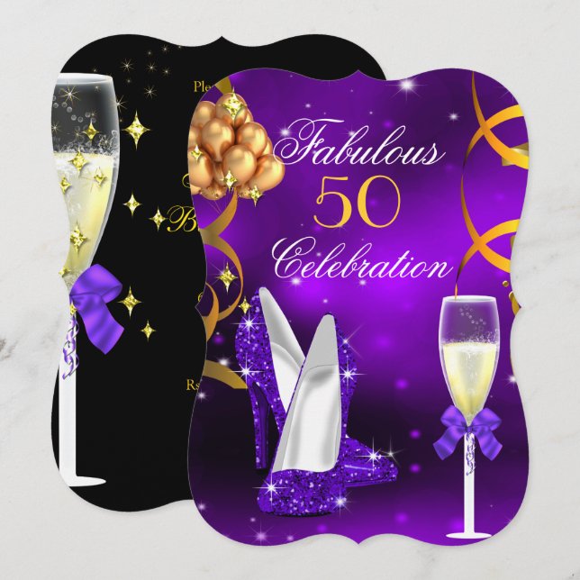 Fabulous 50 Purple Gold Heels Champagne Party Invitation (Front/Back)