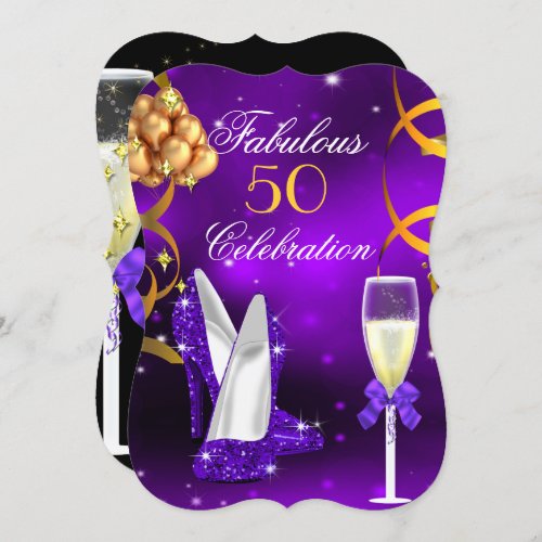 Fabulous 50 Purple Gold Heels Champagne Party Invitation