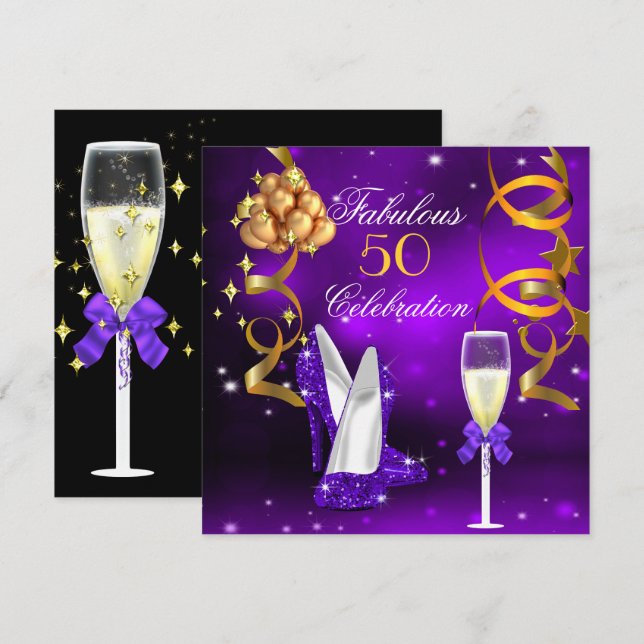 Fabulous 50 Purple Gold Heels Champagne Party Invitation (Front/Back)