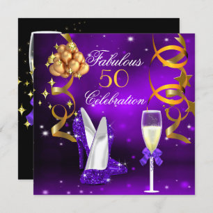 Fabulous 50 Purple Gold Heels Champagne Party Invitation