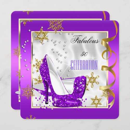 Fabulous 50 Purple Gold White Heels Birthday Party Invitation