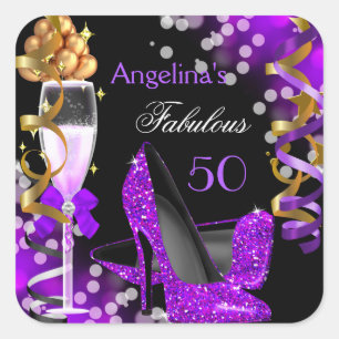 Fabulous 50 Purple Heels Gold Bubbles Birthday Square Sticker