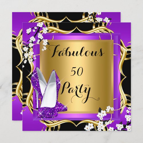 Fabulous 50 Purple Hi Heels Blossom Black Gold 2 Invitation