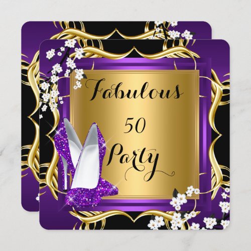 Fabulous 50 Purple Hi Heels Blossom Black Gold Invitation