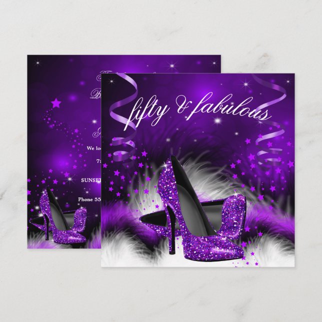 Fabulous 50 Purple High Heel Birthday Party Invitation (Front/Back)