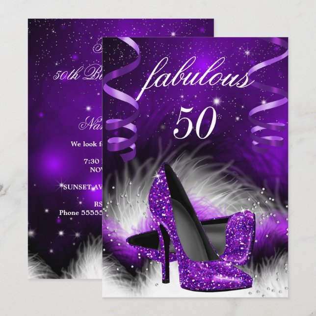 Fabulous 50 Purple High Heel Birthday Party Invitation (Front/Back)