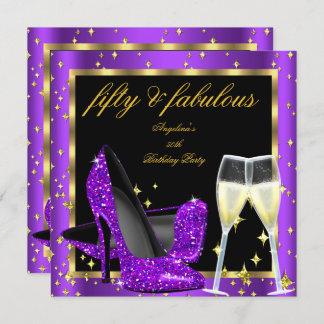 Fabulous 50 Purple High Heels Champagne Birthday Invitation
