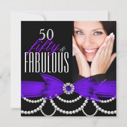 Fabulous 50 Purple Pearls Photo Birthday Party Invitation