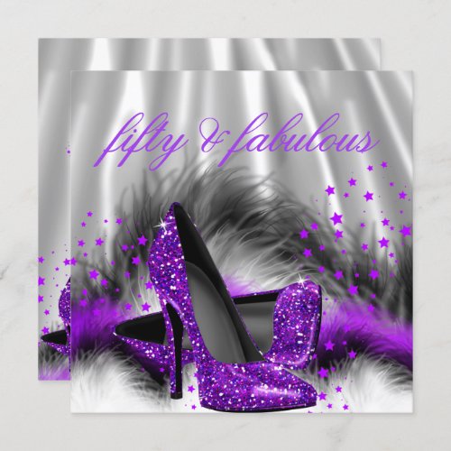 Fabulous 50 Purple Silver High Heel Birthday Party Invitation