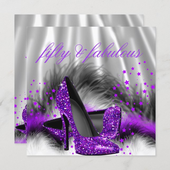Fabulous 50 Purple Silver High Heel Birthday Party Invitation (Front/Back)