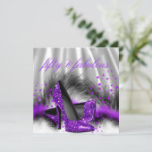 Fabulous 50 Purple Silver High Heel Birthday Party Invitation (Standing Front)