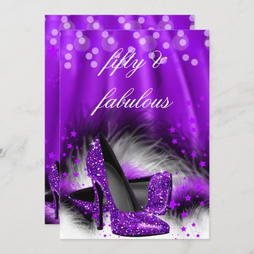 Fabulous 50 Purple Stars High Heels Birthday 2 Invitation