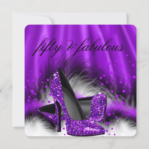 Fabulous 50 Purple Stars High Heels Birthday Party Invitation