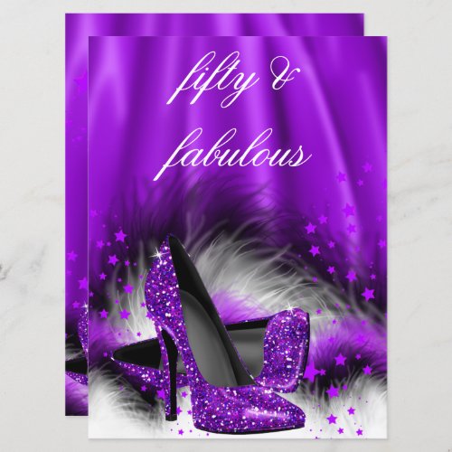 Fabulous 50 Purple Stars High Heels Birthday Party Invitation