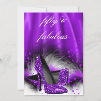 Fabulous 50 Purple Stars High Heels Birthday Party Invitation