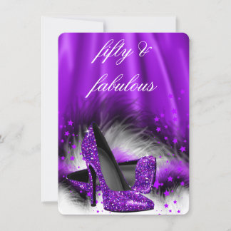 Fabulous 50 Purple Stars High Heels Birthday Party Invitation