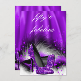 Fabulous 50 Purple Stars High Heels Birthday Party Invitation