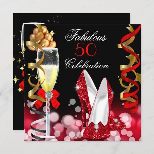 Fabulous 50 Red Black Gold Bubbles Party Invitation
