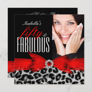 Fabulous 50 Red Black Leopard Photo Birthday Party Invitation