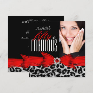 Fabulous 50 Red Black Leopard Photo Birthday Party Invitation